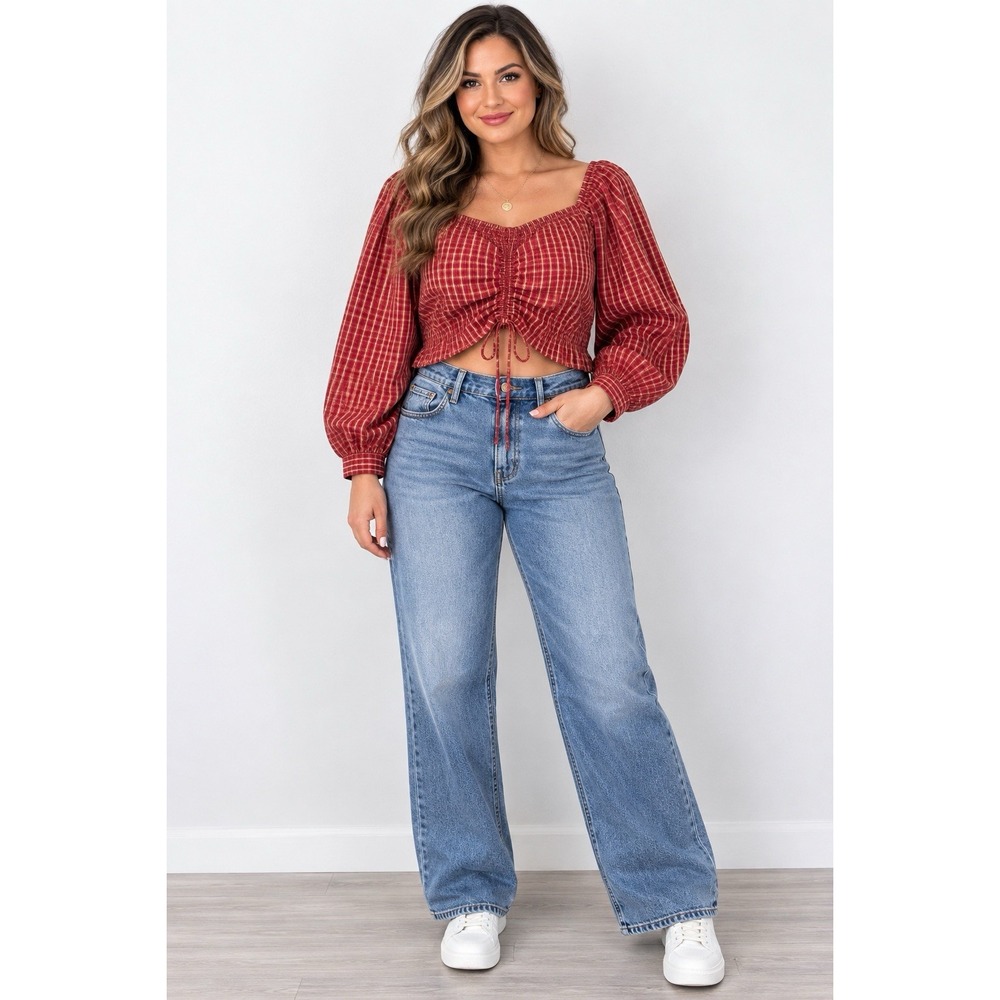 Levi's Devin Women's XXL Plaid Cropped Blouse Puff Sleeve Ruched Tie NWT